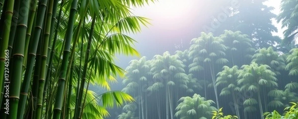 Fototapeta Serene panorama of a lush bamboo forest bathed in mist, gentle rain falling on vibrant green stalks, calming, foliage