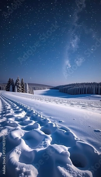 Fototapeta Serene winter night landscape, soft snowfall blankets a snow-covered field under a starlit sky, weather, winter