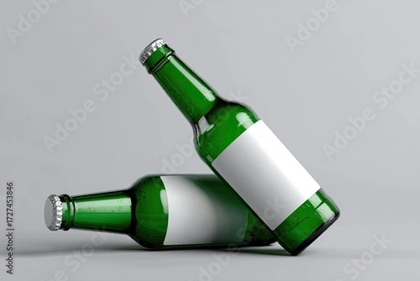 Fototapeta Two green beer bottles with blank labels