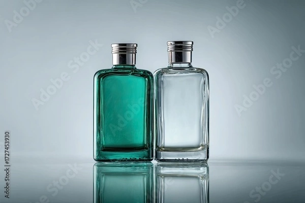 Fototapeta Two rectangular perfume bottles, teal and clear, on a reflective surface