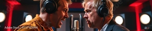 Fototapeta Two rivals glare intensely at each other in a recording studio, microphones and equipment surrounding them, workspace, rivalry, tension