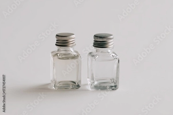 Fototapeta Two clear square glass bottles with light liquid