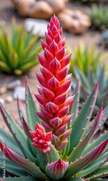 Fototapeta Vibrant agave succulent in full bloom, desert landscape macro shot, xeriscape, colorful, desert