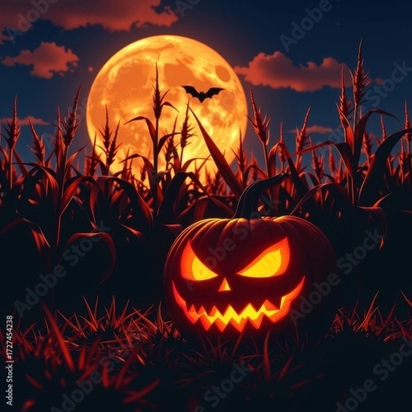 Fototapeta A carved Halloween pumpkin glows eerily in a dark cornfield, silhouetted against a full moon at dusk as a bat swoops overhead, holiday, gothic