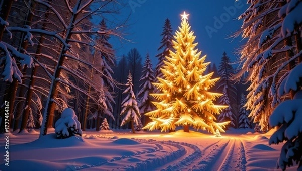 Fototapeta A majestic illuminated Christmas tree stands tall in a snowy winter forest, casting a warm glow, wonderland, glow