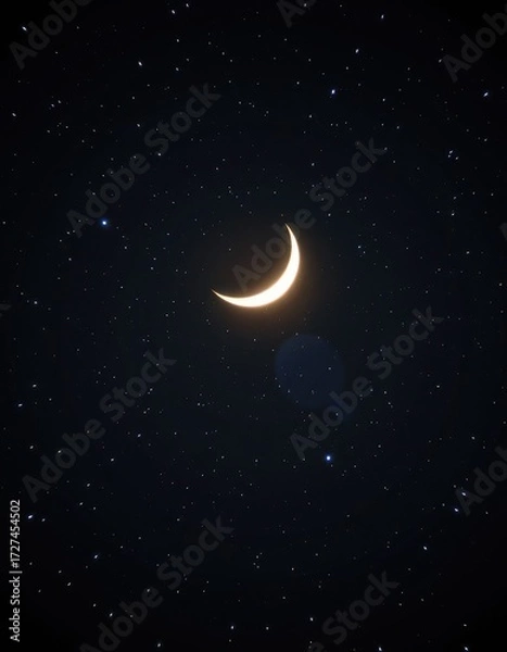 Fototapeta A slender waxing crescent moon shines brilliantly against an inky black night sky, stars scattered across the vast expanse, mystical, starfield, serene