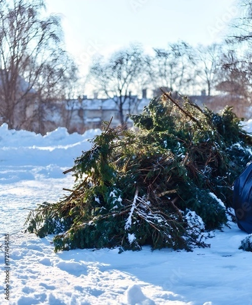 Fototapeta Large pile of discarded Christmas tree branches lying in a snowy field. Winter landscape representing post-holiday waste and recycling or disposal of natural trees.