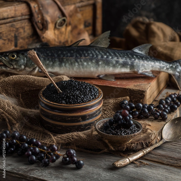 Fototapeta Sturgeon Black Caviar and Fish Still Life in Rustic Style