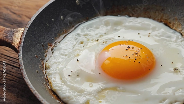 Fototapeta A sunny side up egg with pepper in a frying pan on a wooden surface in a close up shot view
