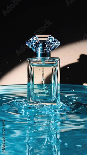 Fototapeta Perfume bottle with crystal cap sitting in water with splashes against a dark background scene setting
