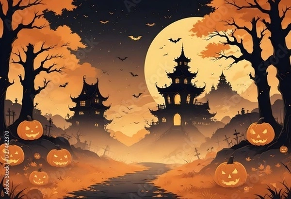 Fototapeta Haunted Halloween Night with Jack-o'-lanterns and Full Moon