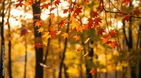 Fototapeta Maple leaves in the autumn forest on a sunny day. Natural background.