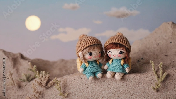 Fototapeta Two crochet dolls sitting on a sandy surface with a sky background and a bright circular light source
