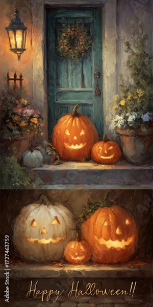 Fototapeta halloween porch and ledge illustration with glowing jack-o'-lanterns, autumn wreath, and colorful flowers in cozy festive setting with rustic blue door and warm lantern light
