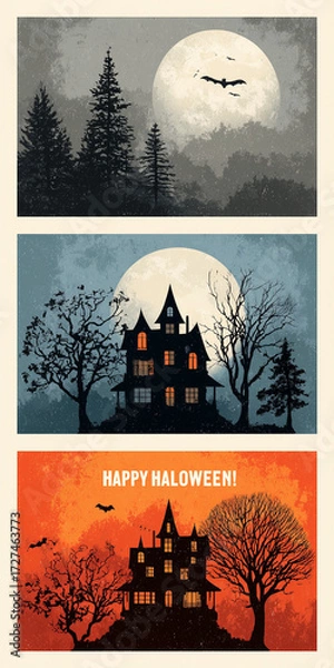 Fototapeta halloween illustration collage with glowing full moons, haunted houses, bats, and autumn trees across three vertical panels in eerie orange and blue tones