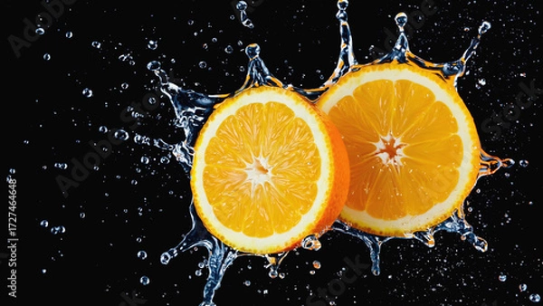 Fototapeta Two orange slices with water splashing around them on a black background in a studio shot