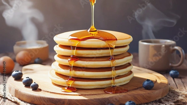 Fototapeta Stack of pancakes with syrup pouring down on a wooden board with blueberries and coffee mug