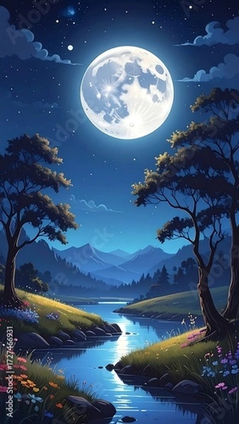 Obraz Night landscape with moonlit river