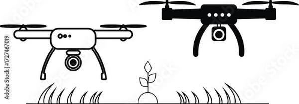 Fototapeta Drone icons. Smart farming drones icon in line and silhouette design. Smart farming drones editable stroke icon. Vector illustration.