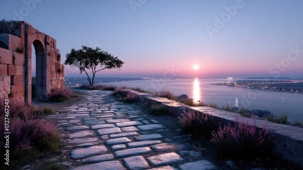Fototapeta Ancient Stone Gate with Brick Pathway Overlooking Ocean at Sunset with Pink and Blue Sky and Distant City Lights Under Cinematic Lighting