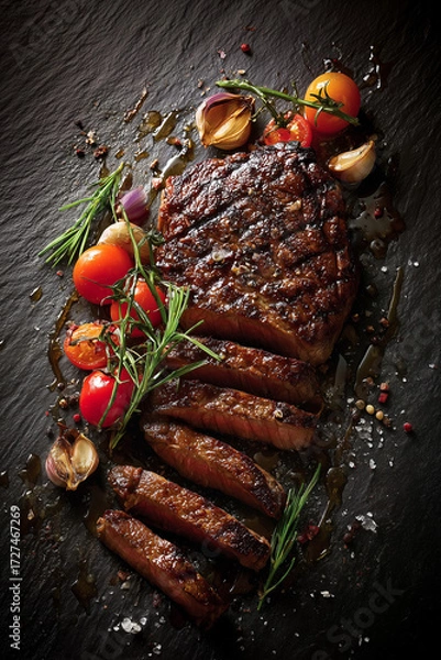 Fototapeta Grilled Steak on Dark Background, Flat Lay Top View
