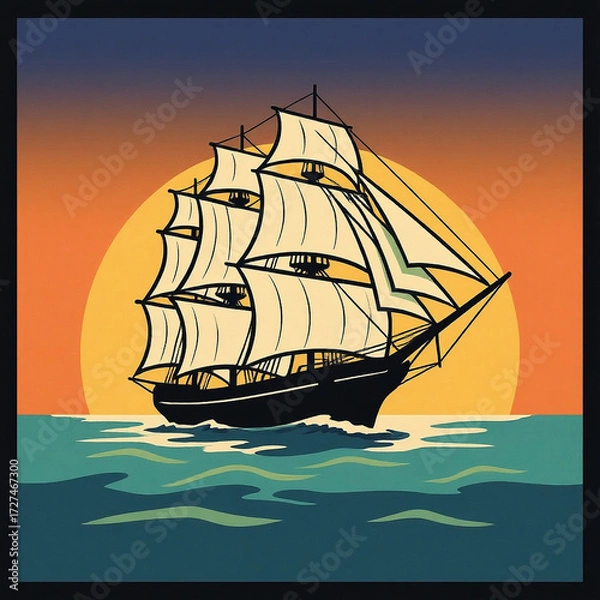 Fototapeta A sailing ship with white sails on the ocean at sunset with a large sun in the background art