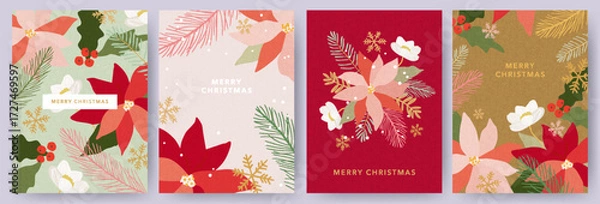 Fototapeta Merry Christmas greeting card Set. Modern beautiful Xmas design with hand drawn Poinsettia flowers, holly berries, fir branches, snowflakes pattern and typography. Art banner, poster, cover templates.