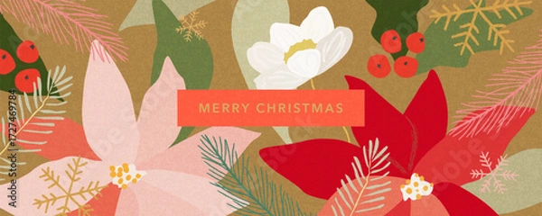 Fototapeta Merry Christmas greeting card Set. Modern beautiful Xmas design with hand drawn Poinsettia flowers, holly berries, fir branches, snowflakes pattern and typography. Art banner, poster, cover templates.