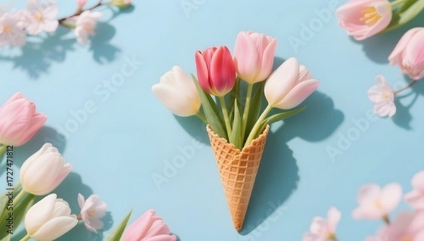 Fototapeta Colorful Tulips in Ice Cream Cone on Soft Blue Background