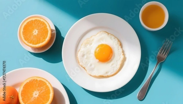 Fototapeta Fresh Breakfast Spread with Fried Egg and Citrus Fruits on Blue Surface