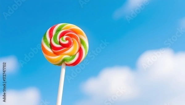 Fototapeta Colorful Swirl Lollipop Against Bright Sky with White Clouds