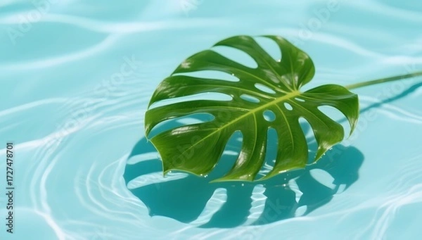 Fototapeta Vibrant Monstera Leaf Floating on Calm Turquoise Water Surface