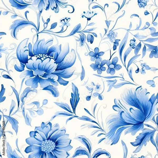Fototapeta Elegant watercolor floral seamless pattern in blue and white with a classic chinoiserie style for design and decoration.