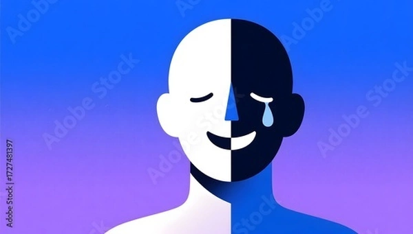 Fototapeta Half-smiling face illustration with tear in vibrant background