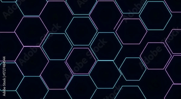 Fototapeta Abstract neon hexagon pattern with vibrant blue and purple lines on a dark background, modern design