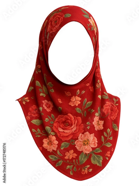 Fototapeta Red Hijab Mockup Image with Floral Pattern
