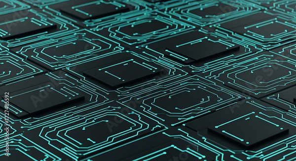 Fototapeta Futuristic circuit board design with glowing blue lines, representing advanced technology and innovation