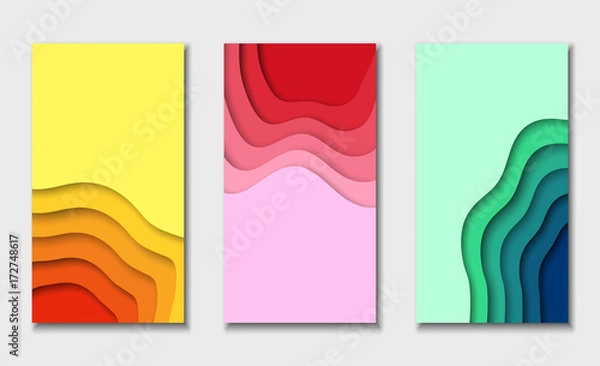Obraz Cover or flyer template with abstract paper cut blue green pink yellow background. Vector template in carving art style