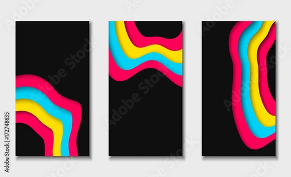 Obraz Cover or flyer template with abstract paper cut blue pink yellow black background. Vector template in carving art style