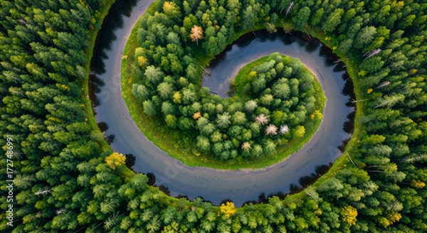 Fototapeta Aerial view of a winding river flowing through lush green forest, perfect for nature scenes and travel blogs