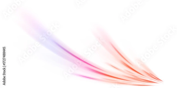Fototapeta Light beam illustration, neon light strip, high speed motion background, on transparent background in PNG format. Glow luminous glitter shimmer trail. 