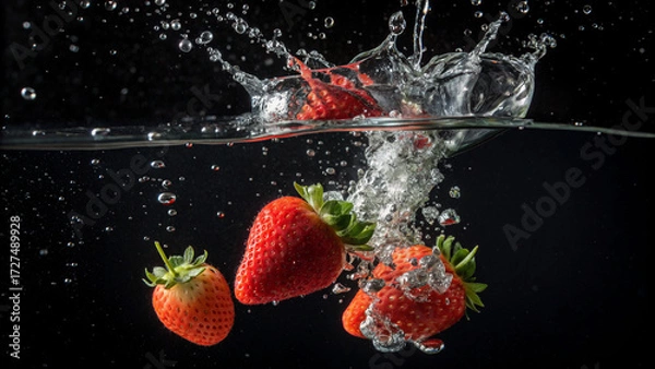 Fototapeta Lush red strawberries create dynamic water splash in underwater scene with bubbles on dark backdrop.