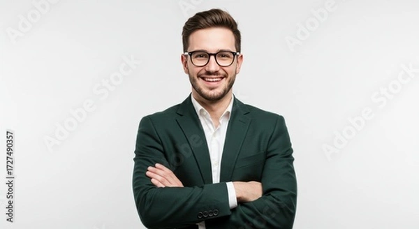 Fototapeta Confident young businessman in formal suit with eyeglasses posing in studio with arms crossed and bright white background