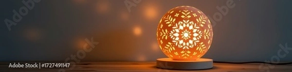 Fototapeta Intricate snowflake design table lamp casts a warm, ambient glow. Perfect for festive decor or year-round whimsical ambiance. Features delicate cutouts and a s, glowing snowflake, fairy light