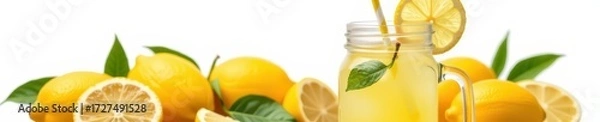 Fototapeta Refreshing homemade lemonade in a mason jar with fresh lemons and a straw, isolated on white, ice, healthy