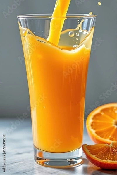 Fototapeta Refreshing orange juice pouring into a glass, creating a vibrant splash and showcasing its juicy texture, background, juicy