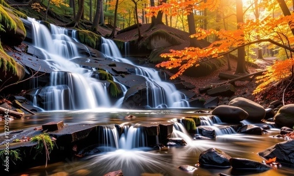 Fototapeta Rustic waterfall cascades down moss-covered rocks, surrounded by vibrant autumn foliage of fiery reds, oranges, and golden yellows. Sunlight filters through th, autumn, foliage
