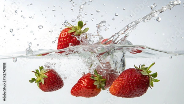 Fototapeta Juicy red strawberries, including halved one, create energetic water splash with bubbles on bright white surface.