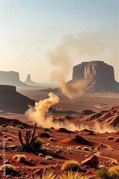 Fototapeta Sun-baked mesas rise from a hazy, smoke-filled desert valley under a pale sky. Dust devils dance across the cracked earth, creating an ethereal, otherworldly s, smoky, sand, brown