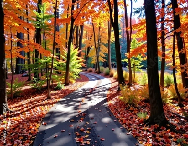 Fototapeta Sun-dappled path winds through a vibrant early autumn forest, fallen leaves carpeting the ground, sunlight filtering through the colorful foliage, red, way
